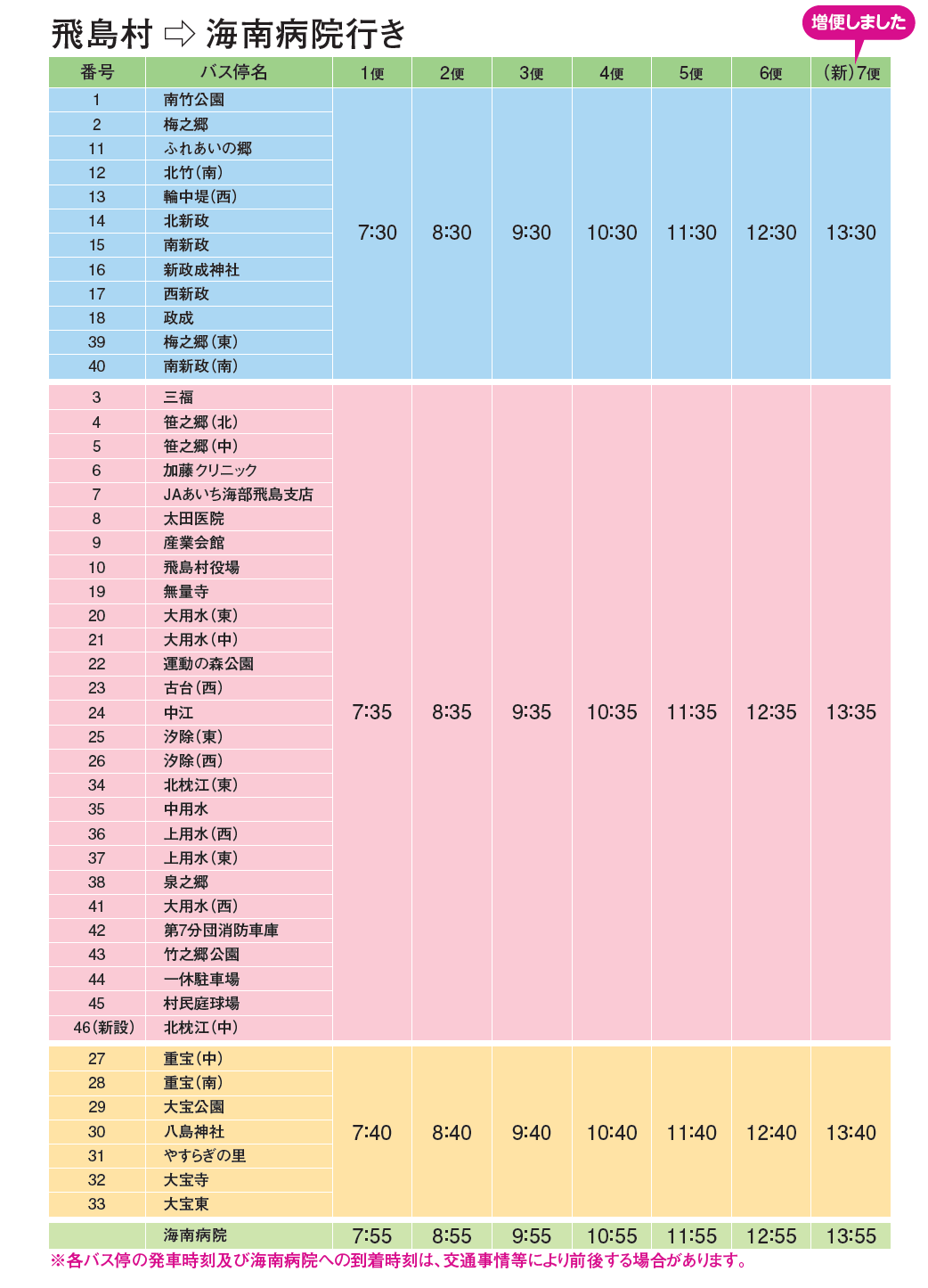 タクシー時刻表